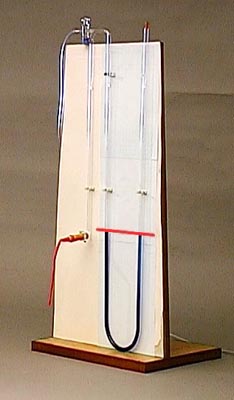 Photograph of manometer being used to measure pressure inside balloon