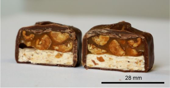 Photograph of a Snickers bar in cross-section